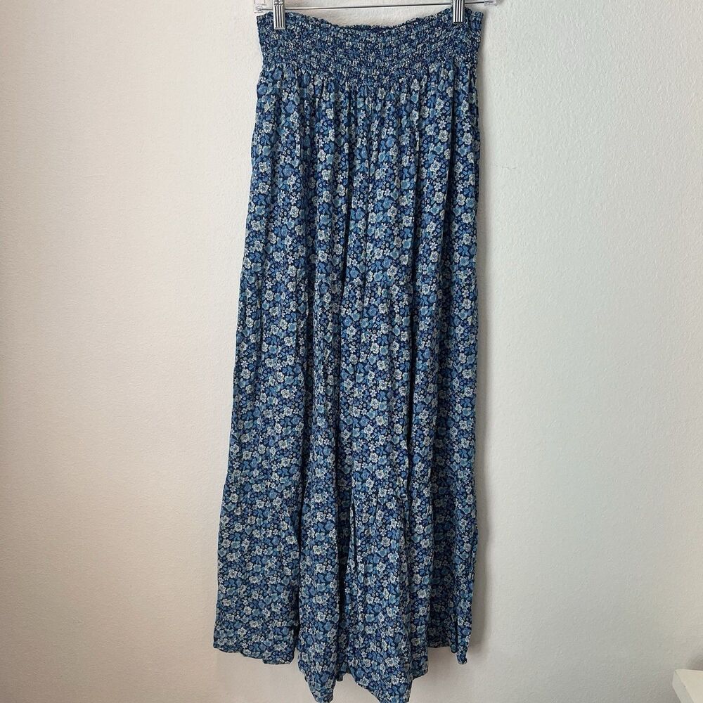 Aerie Smocked Waist Super Wide Leg Party Pants Women's M Boho Blue Floral - Picture 2 of 8